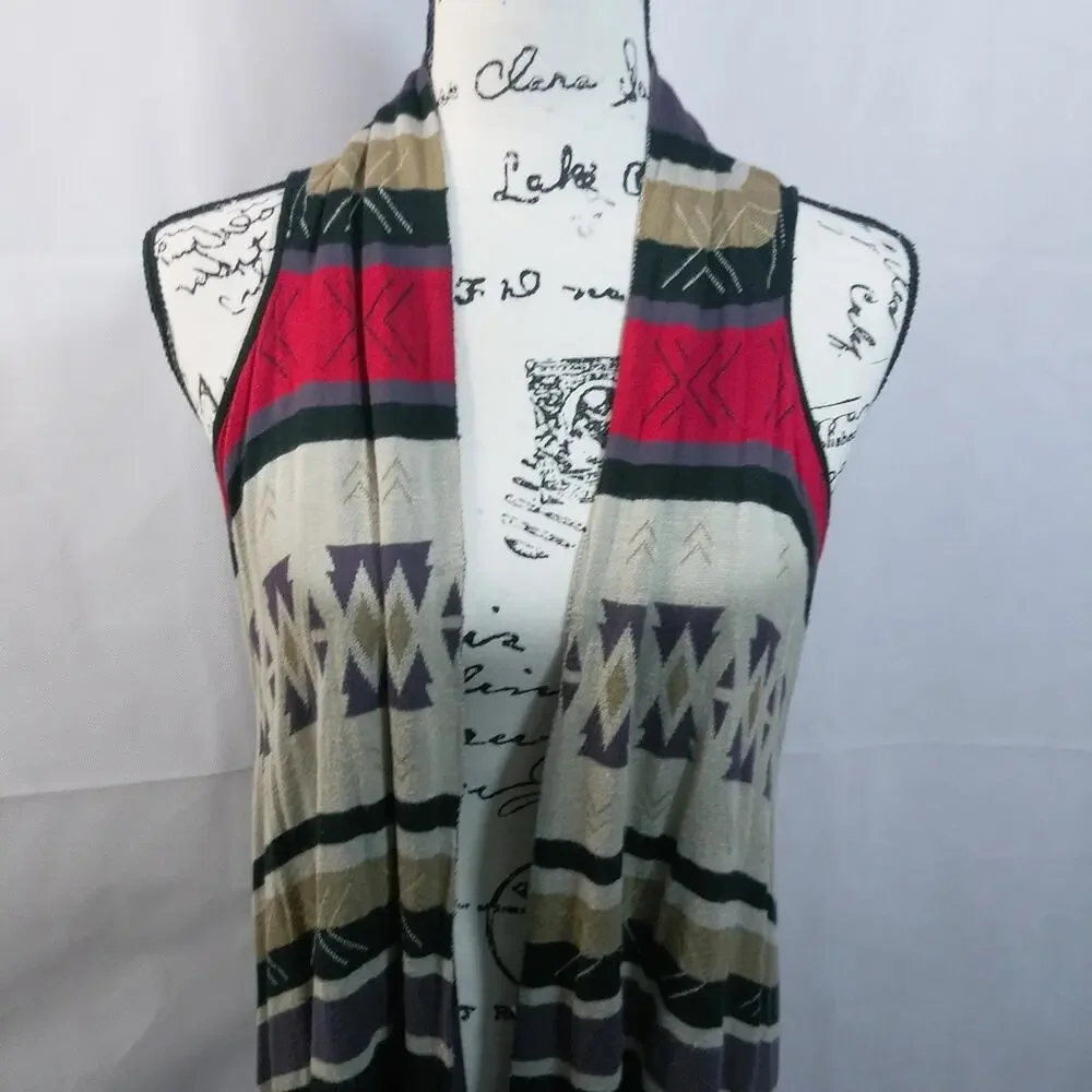 Como Vintage Open Front Longline Tribal Print Coverup Vest Cardigan M